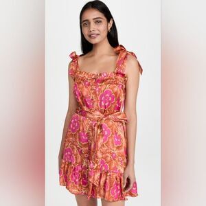 Cleobella Rowan Orange and Pink Floral Button Front Ruffle Hem Mini Dress - XS